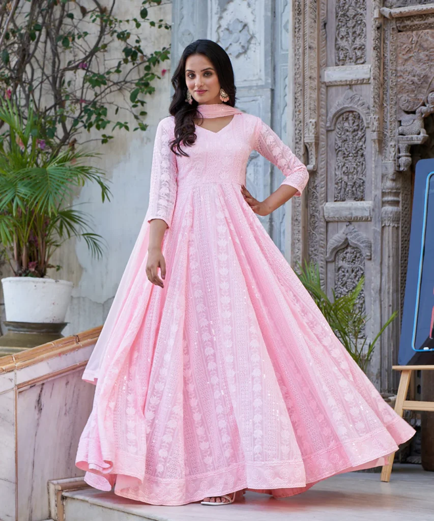 Elegant floor-length Anarkali suit in royal blue with intricate embroidery
